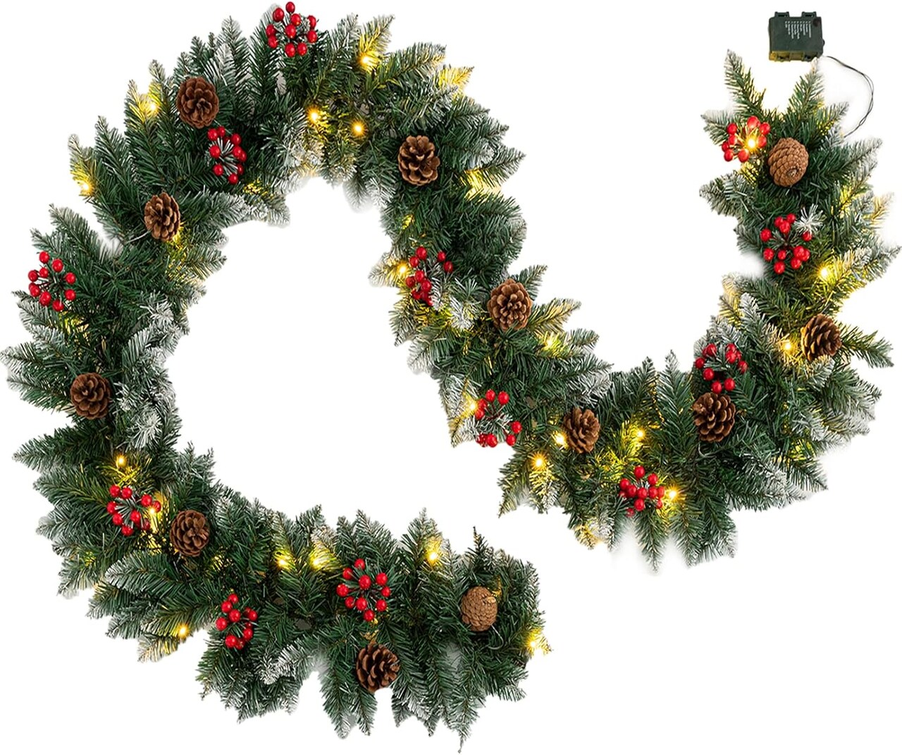 9FT Artificial Christmas Garland Pre-Lit with 50 LED Lights, Battery Powered, Decorated with Snowflakes, Pine Cones, Red Berries, Needle for Mantle Stairs, Indoor Outdoor Decorations